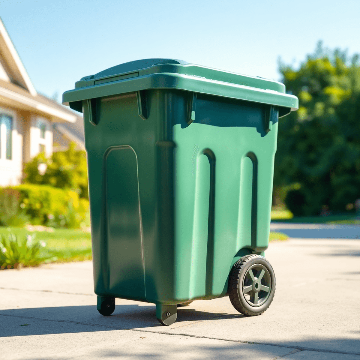 Black Bin 頑丈な屋外用の車輪付きゴミ箱が、青空と緑の背景のあるドライブウェイに置かれており、廃棄物管理と清潔さを象徴しています。