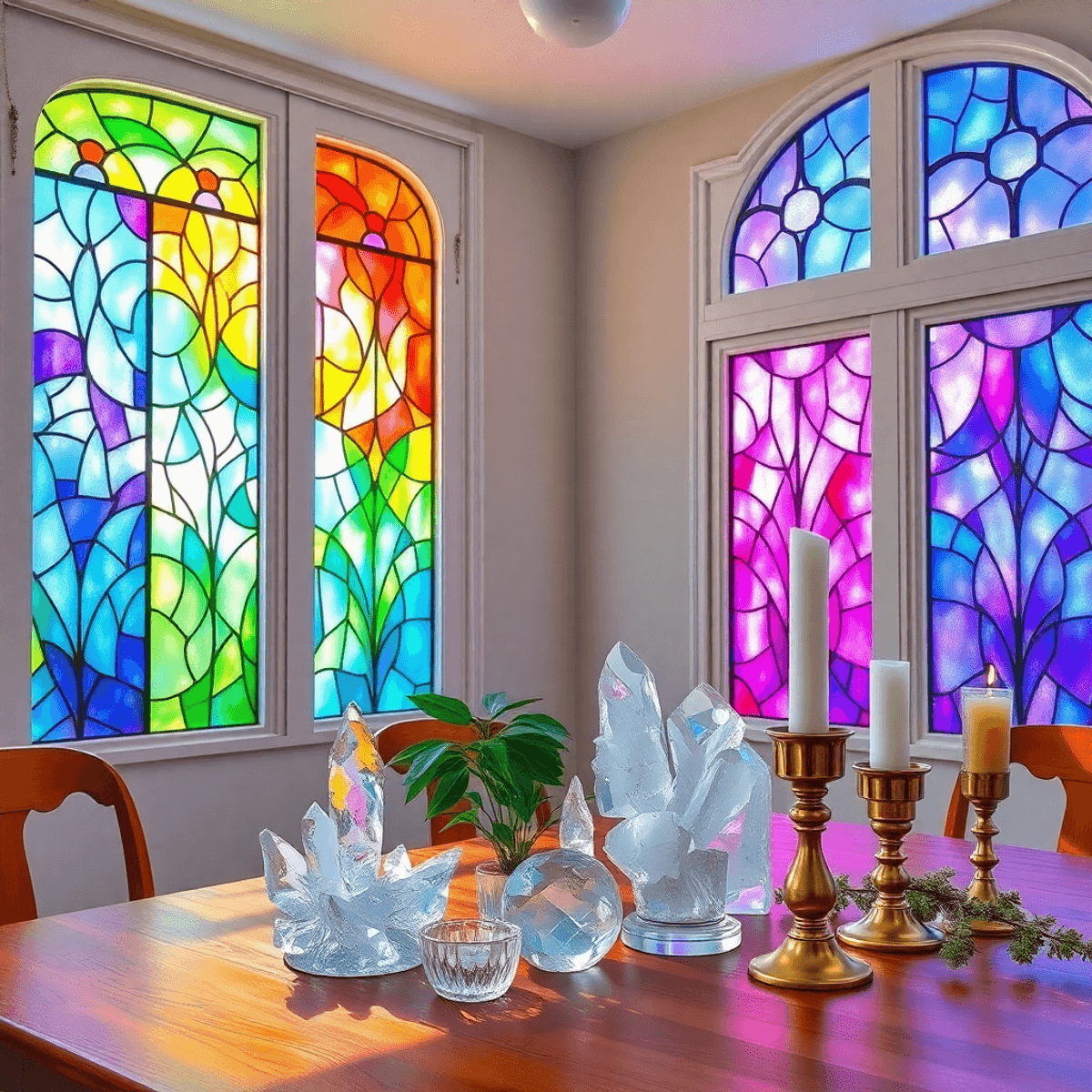 I found very small peace of glass on the juice glass Bright interior with colorful stained glass casting vibrant light, crystal decor on wooden table, brass candle holders, and textured greenery in oil painting style.