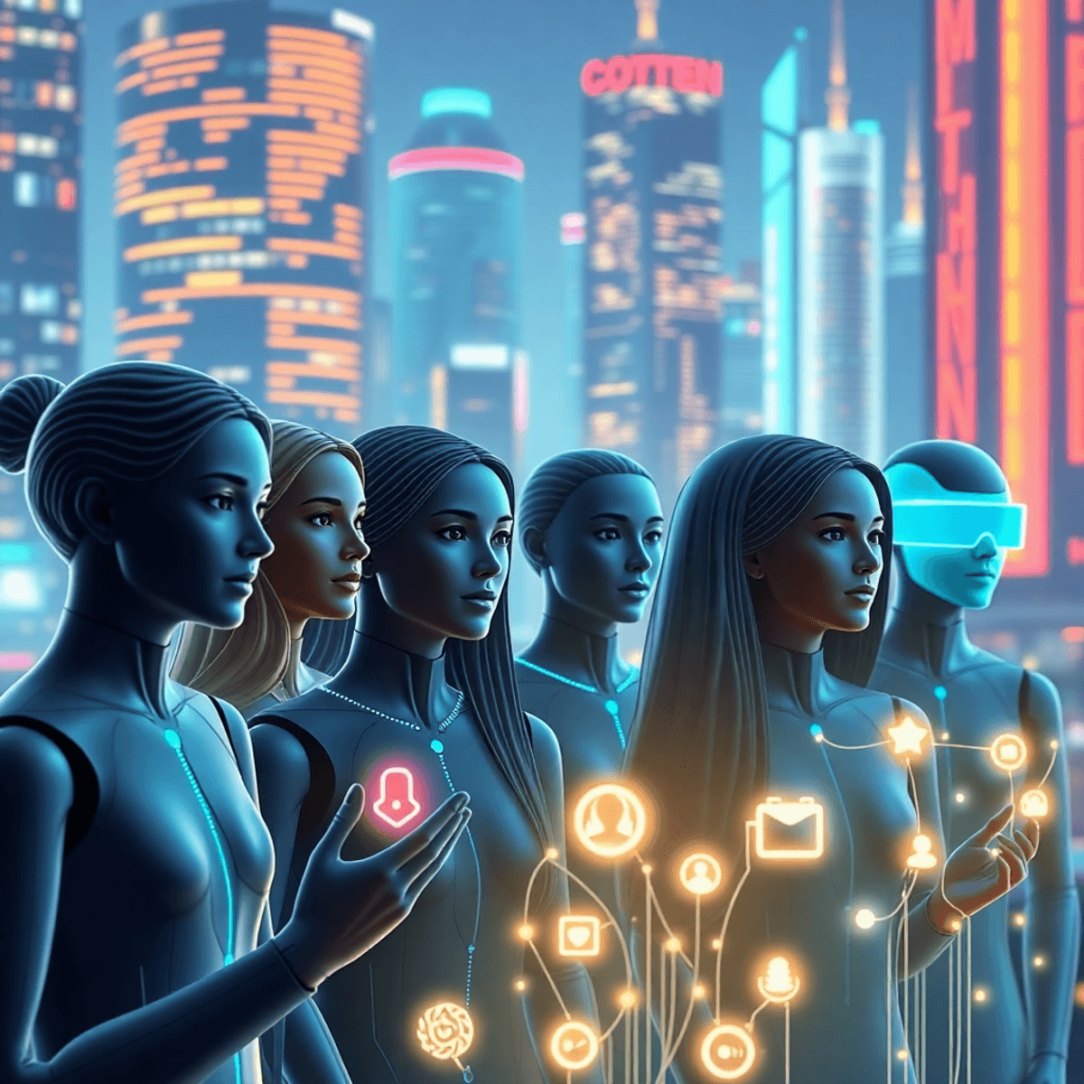 Futuristic digital scene with sleek AI avatars interacting with glowing social media icons and data streams against a vibrant high-tech cityscape.