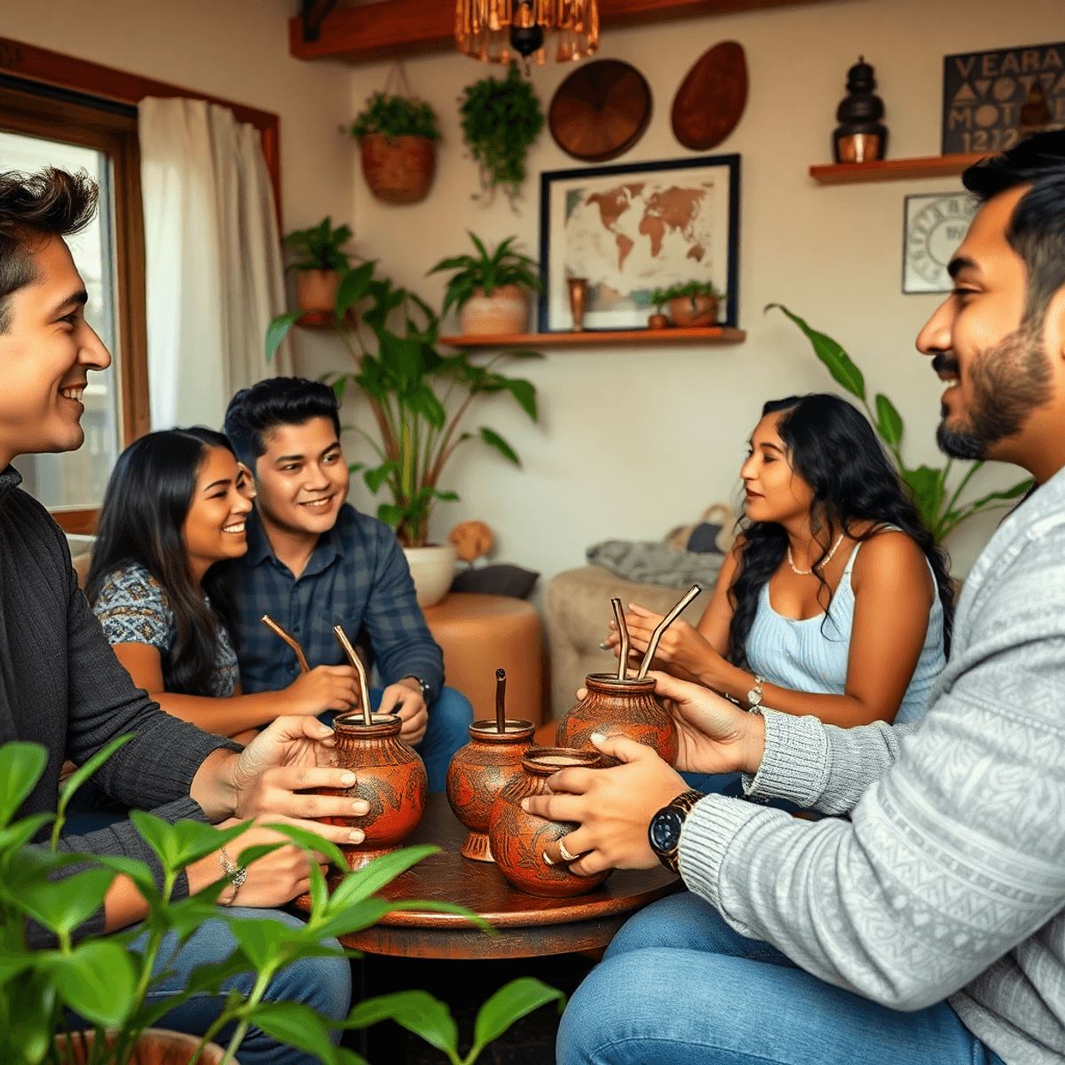 A cozy modern living room with people sharing mate chimarrão in decorated gourds, surrounded by yerba mate plants and South American cultural artifacts.