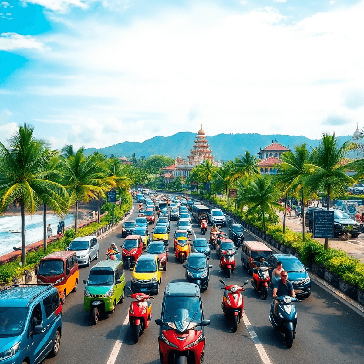 too many scooter drivers Busy coastal road with colorful cars and scooters, lush palm trees, Balinese buildings, and bright sky depicting traffic congestion on a tropical island.