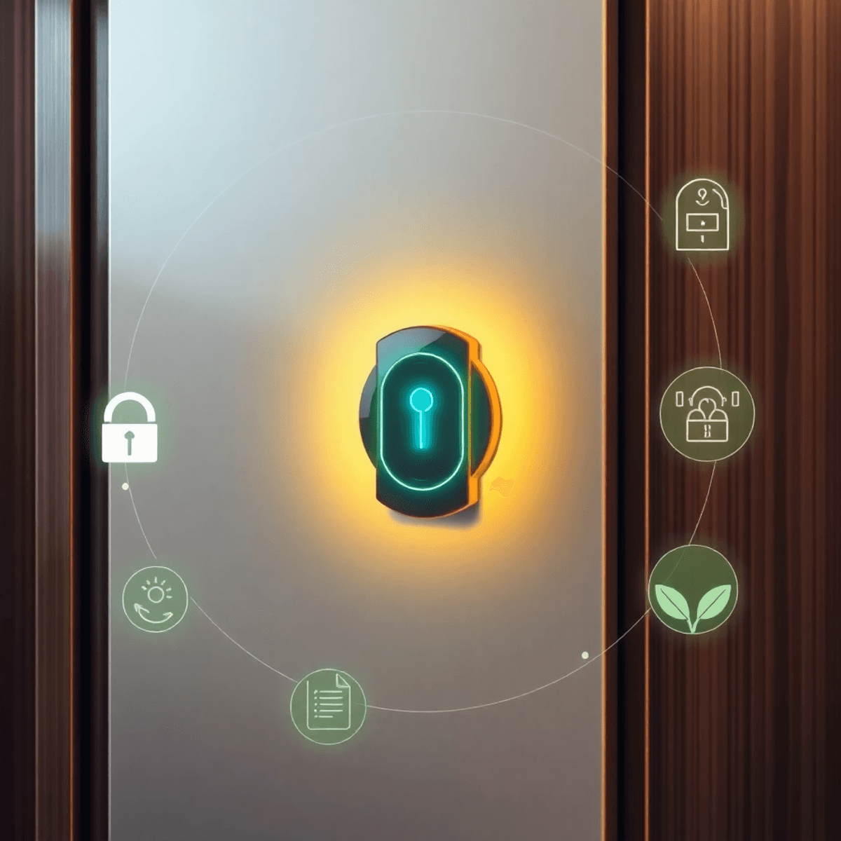 Modern hotel door with glowing keycard slot, digital security symbols, and green eco-friendly motifs, showcasing advanced technology and sustainability.