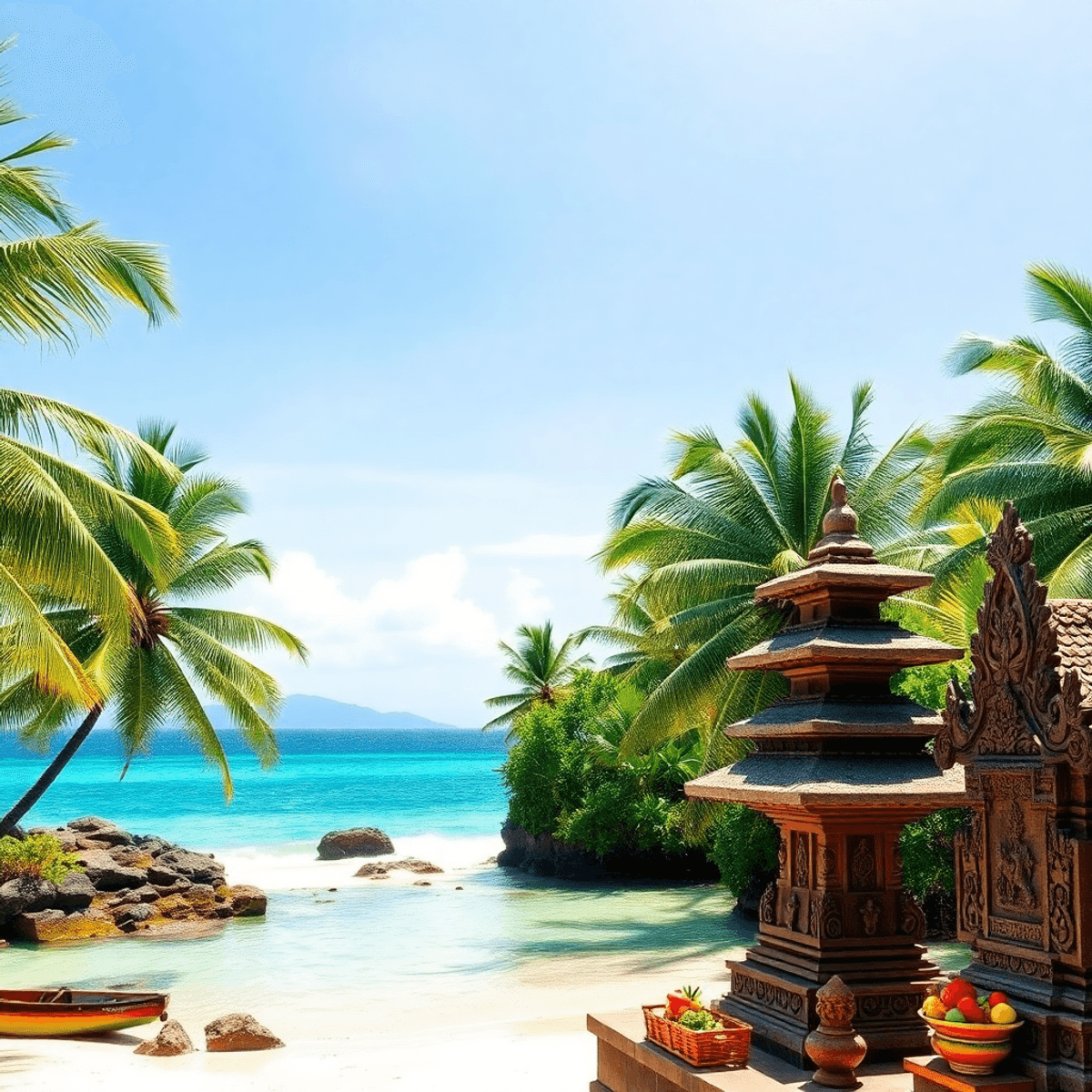 Tropical beach in Bali with clear turquoise water, green palm trees, ornate stone carvings, colorful offerings, and a bright sunny sky.