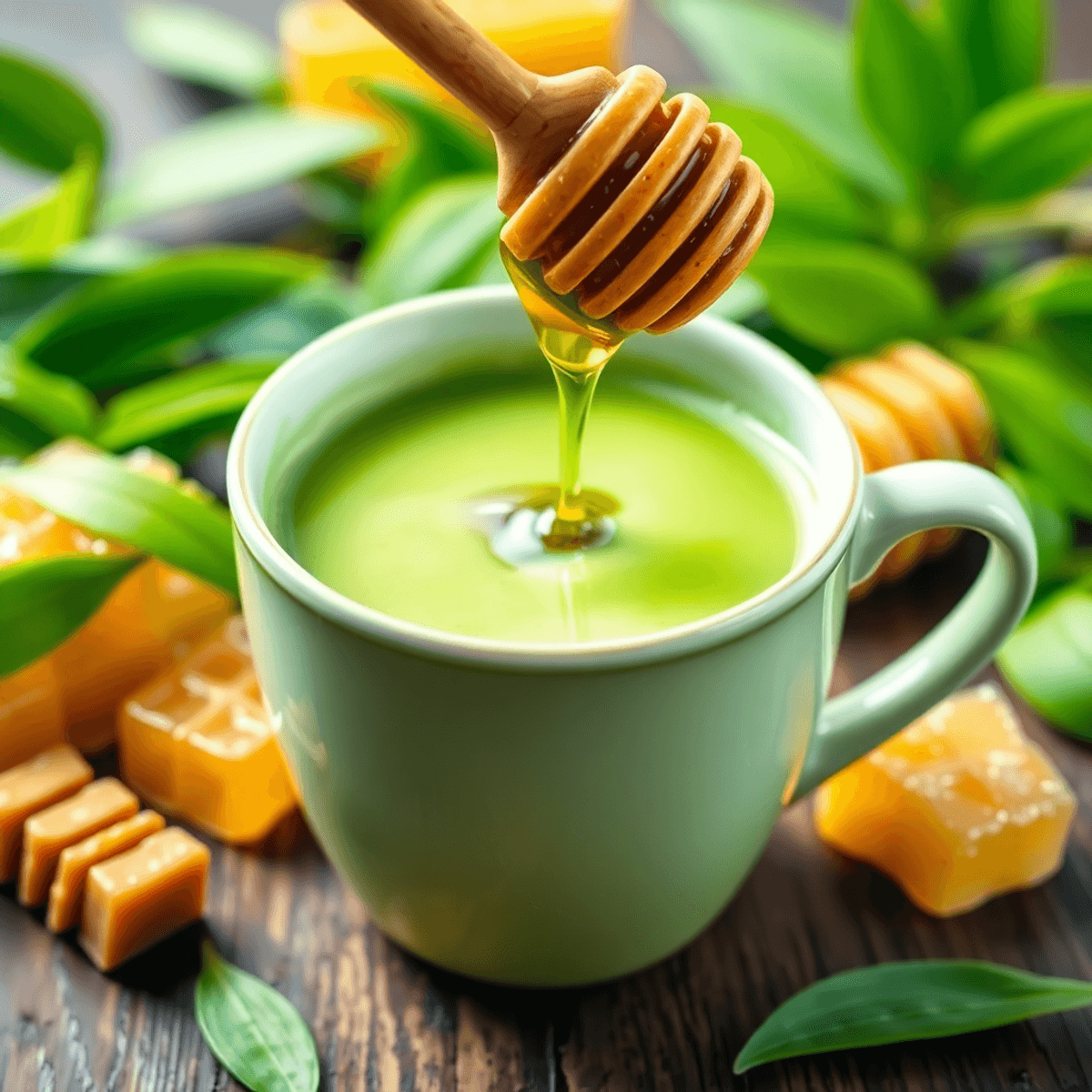Close-up of steaming green matcha tea with honey dripping from a wooden dipper, surrounded by fresh tea leaves and honeycomb pieces.