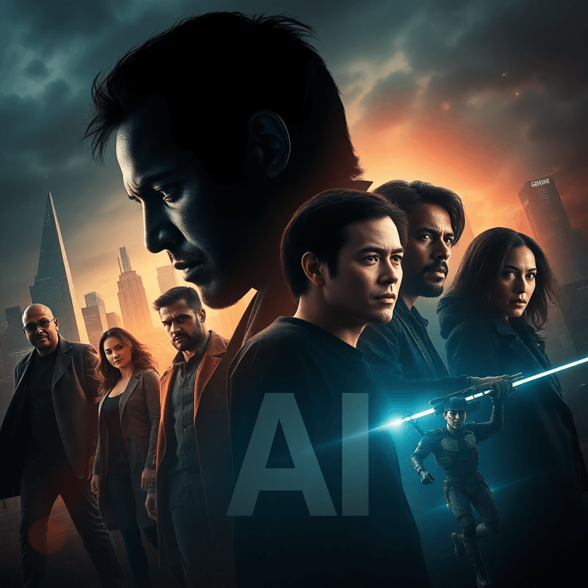 AI generated thumbnails Movie poster with dynamic characters and dramatic lighting against a futuristic cityscape with abstract AI-themed shapes.