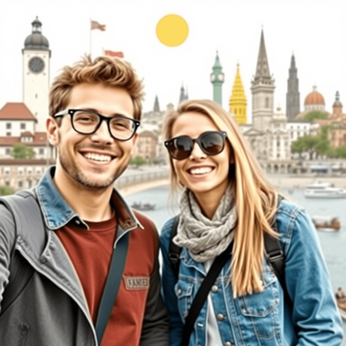 man point of view is different than woman Happy couple enjoying a scenic travel destination with diverse cultural landmarks and symbols of adventure, depicted in a minimalist style.