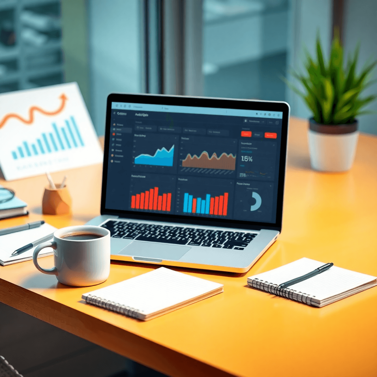 สถานที่ทำงานสมัยใหม่ที่มีแล็ปท็อปเปิดอยู่ซึ่งแสดงแดชบอร์ดการวิเคราะห์เว็บไซต์ รายล้อมไปด้วยสมุดโน้ตและถ้วยกาแฟ พื้นหลังมีสีสันสดใสและมีองค์ประกอบการตลาดดิจิทัล