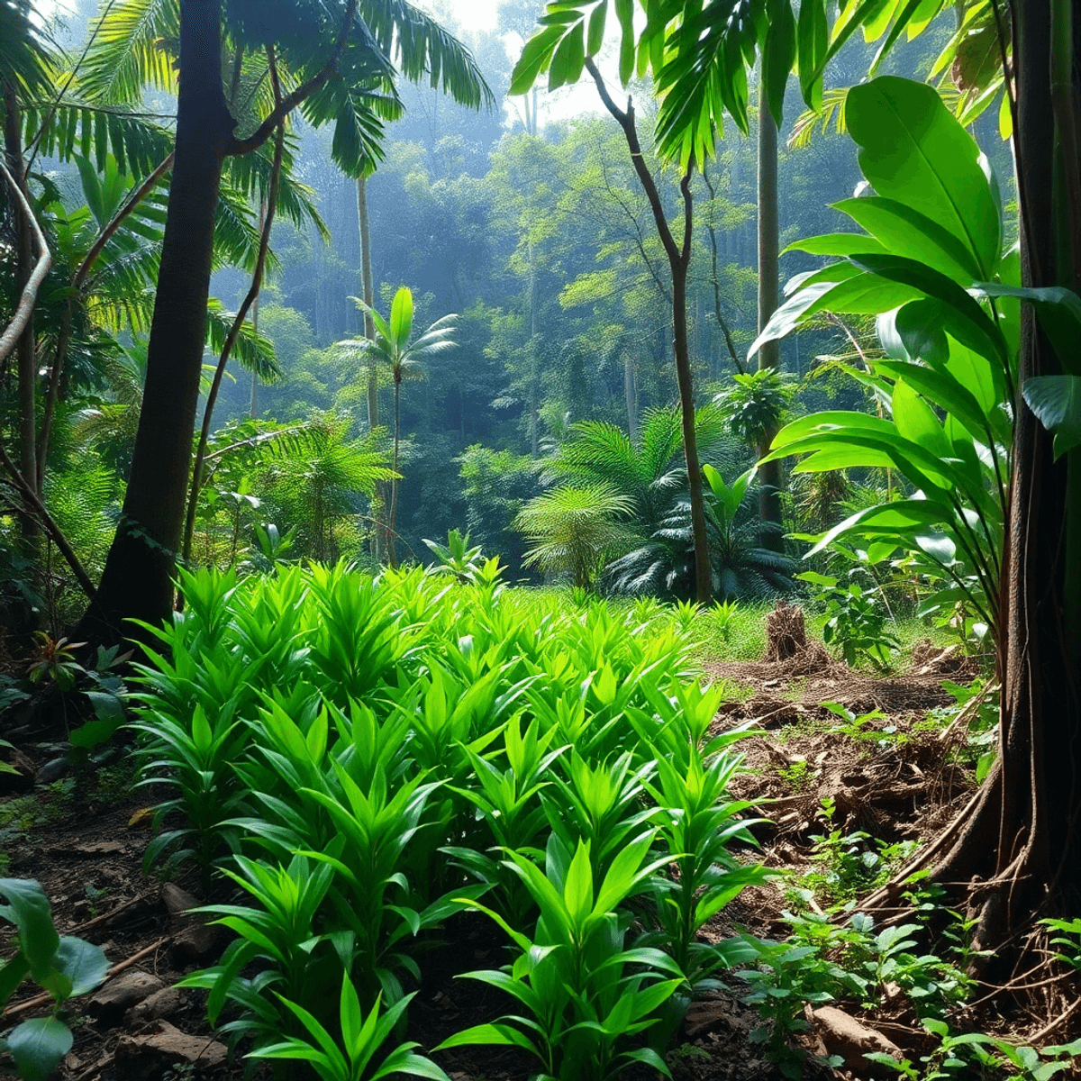 Lush tropical rainforest with vibrant green yerba mate plants, diverse trees, and wildlife under soft sunlight filtering through the canopy.