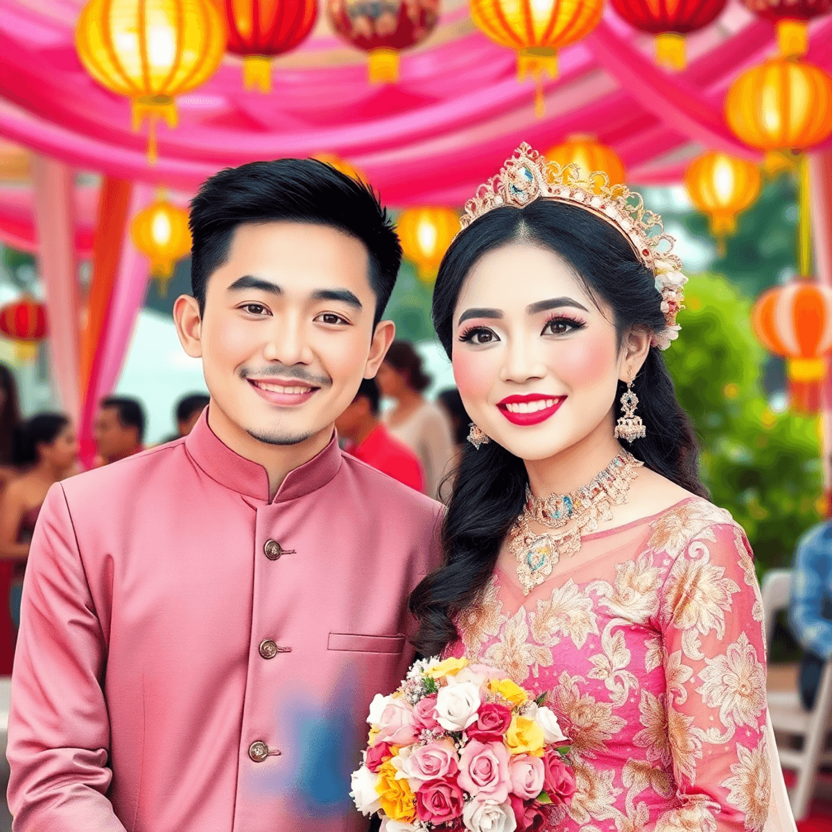 Global connection of YAYAYAKUZA Watercolor scene of a vibrant outdoor wedding with colorful decorations, two couples with artistically merged faces, and subtle futuristic digital effects.