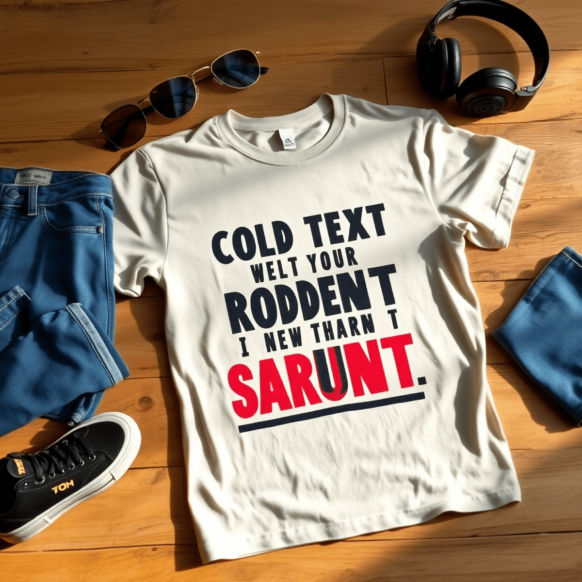 Bold graphic T-shirt with witty print laid on wood, paired with denim jeans and accessories, highlighted by soft natural light showing fabric texture and vibrant colors.