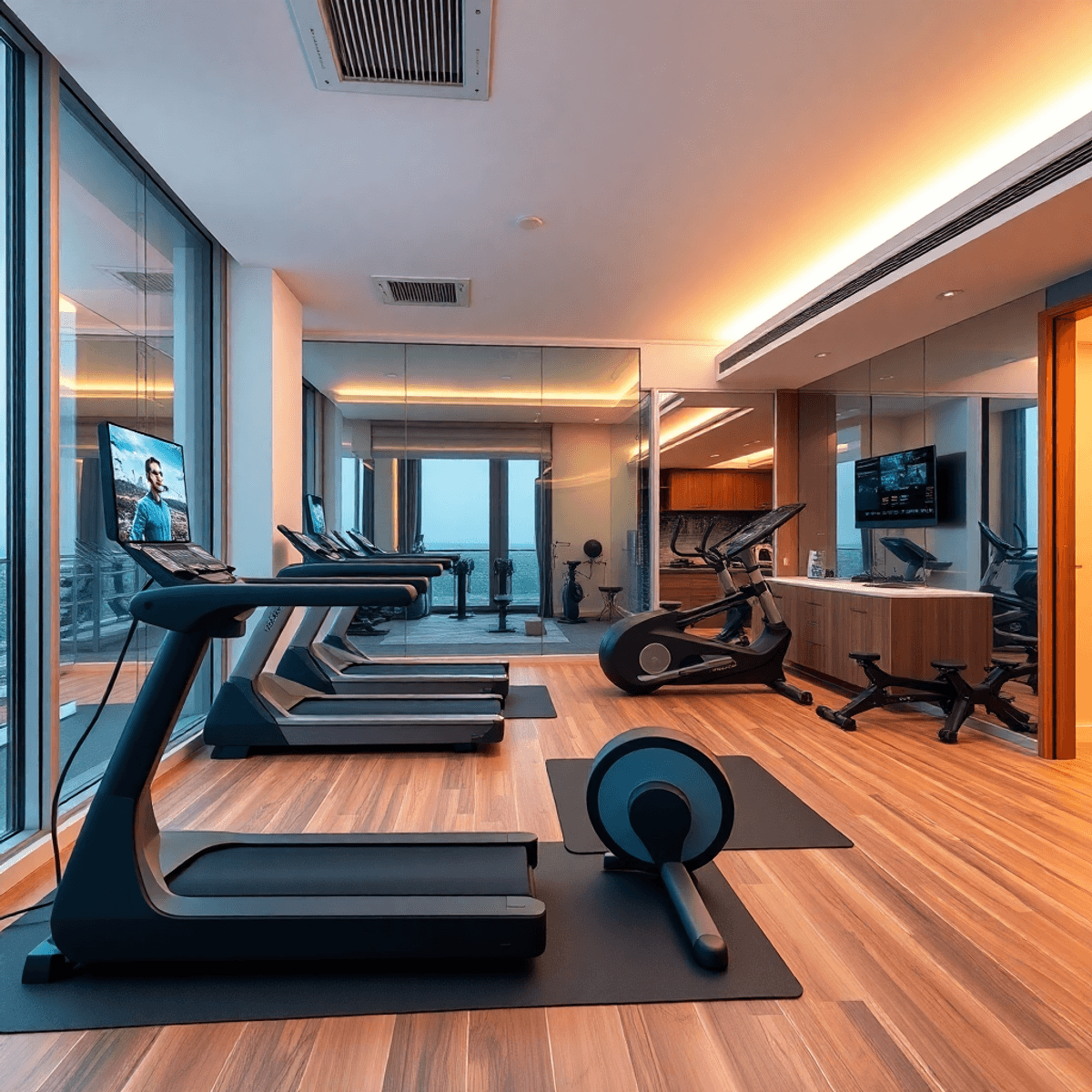 A modern fitness space in a condominium, showcasing smart exercise equipment and virtual fitness platforms, with a bright and inviting atmosphere promoting wellness.