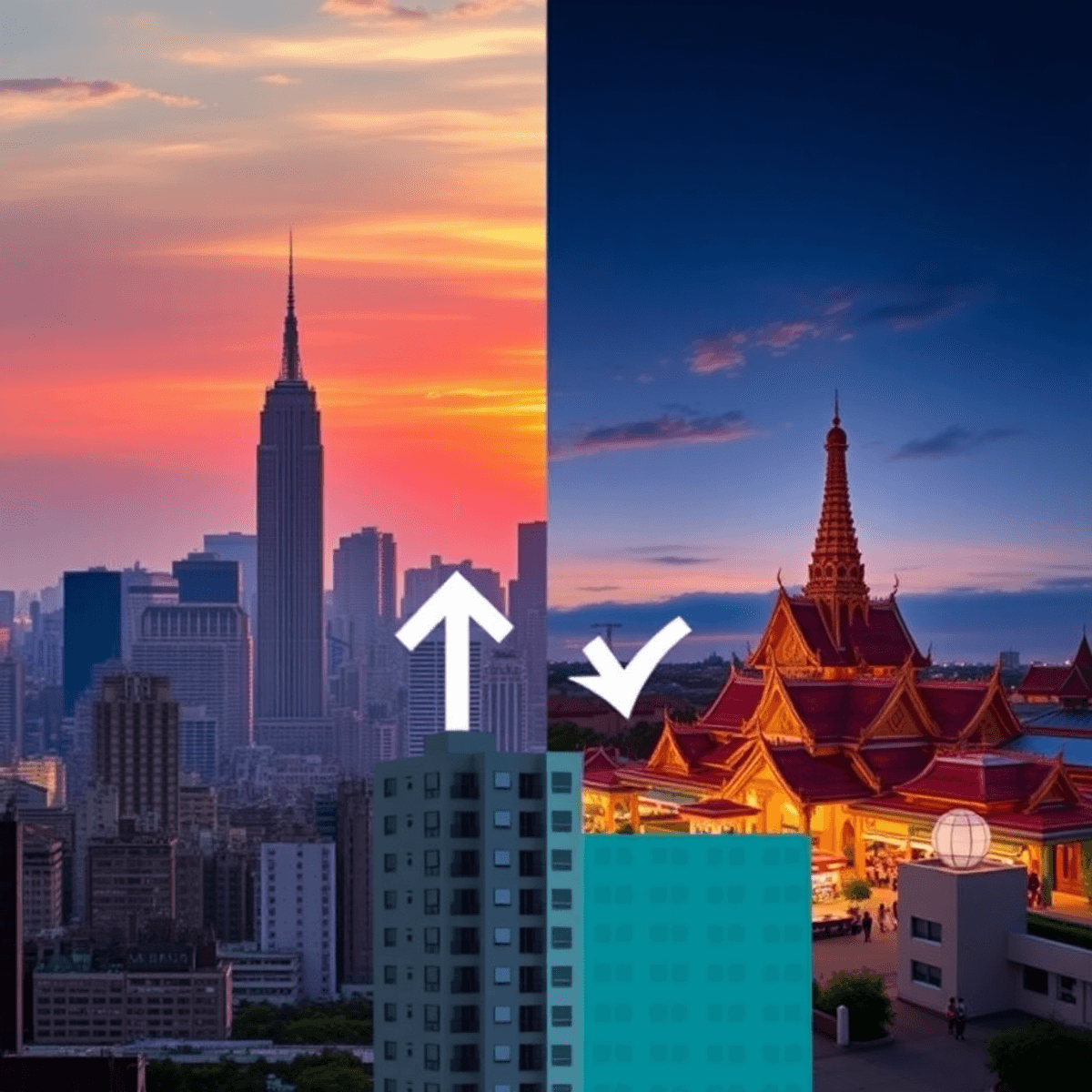 s: The strategic city selection framework. The formula: Departure city must be in the top 10 most expensive cities globally (NYC, SF, London, Sydney, Hong Kong, Singapore, Zurich, LA, Boston, Dublin). Arrival city must be in the top 10 digital nomad/retirement cities with dramatically lower rent (Bangkok, Chiang Mai, Bali, Lisbon, Medellín, Ho Chi Minh City, Mexico City, Da Nang, Budapest, Split). The "disbelief gap" calculation: (Departure city avg 1BR rent) ÷ (Arrival city avg 1BR rent) = multiplier. Aim for 3x-5x minimum for the shock reaction. The "expected vs. actual" dynamic: Lisbon (expected: European/almost Western → actual: still cheaper than London, but not shockingly so) vs. Bangkok (expected: cheap, developing → actual: nice? with a pool? for $770?). The "needle-mover" city combos ranked by viral potential: #1 NYC→Bangkok (5-7x gap + visual contrast), #2 SF→Bali (4-6x gap + lifestyle fantasy), #3 London→Lisbon (2-3x gap + proximity advantage), #4 Sydney→Ho Chi Minh City (4x gap + Asian immersion). The "reverse condotelling" possibility: leaving a cheap city for an expensive one (rare, but creates a different emotional arc — ambition over relief). Links to pillar's "city selection" section. Split-screen digital art showing New York City's skyscrapers at sunset and Bangkok's colorful markets and temples at dusk, with stylized apartments and graphs comparing rent costs.