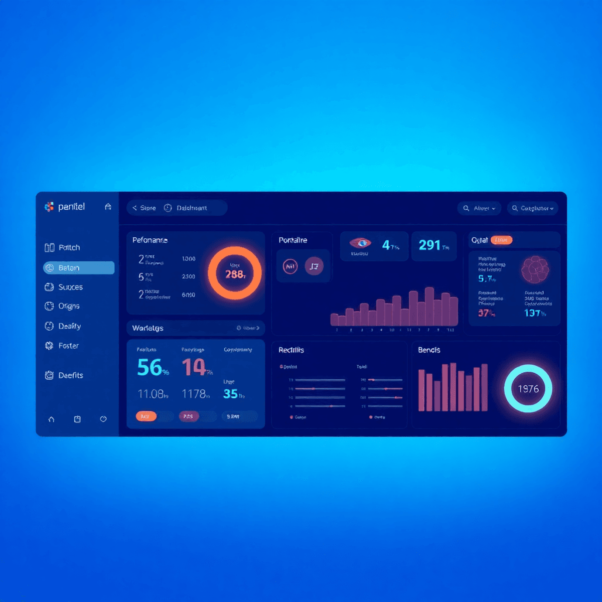 A sleek digital dashboard with glowing icons for performance, upgrades, and user benefits on a clean blue background in a realistic style.