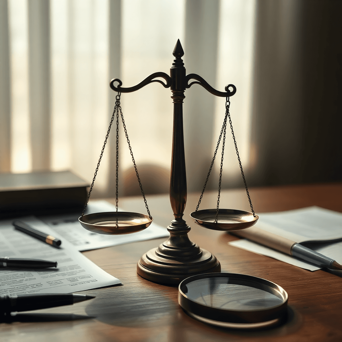 Balanced scale of justice on wooden desk with legal documents and magnifying glass, soft natural light casting shadows for a serious, hopeful mood.