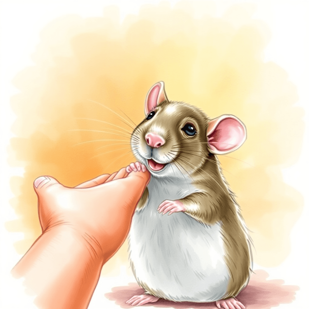 A playful rat interacts with a human hand amidst a warm, inviting background, surrounded by training toys and treats in a watercolor style.