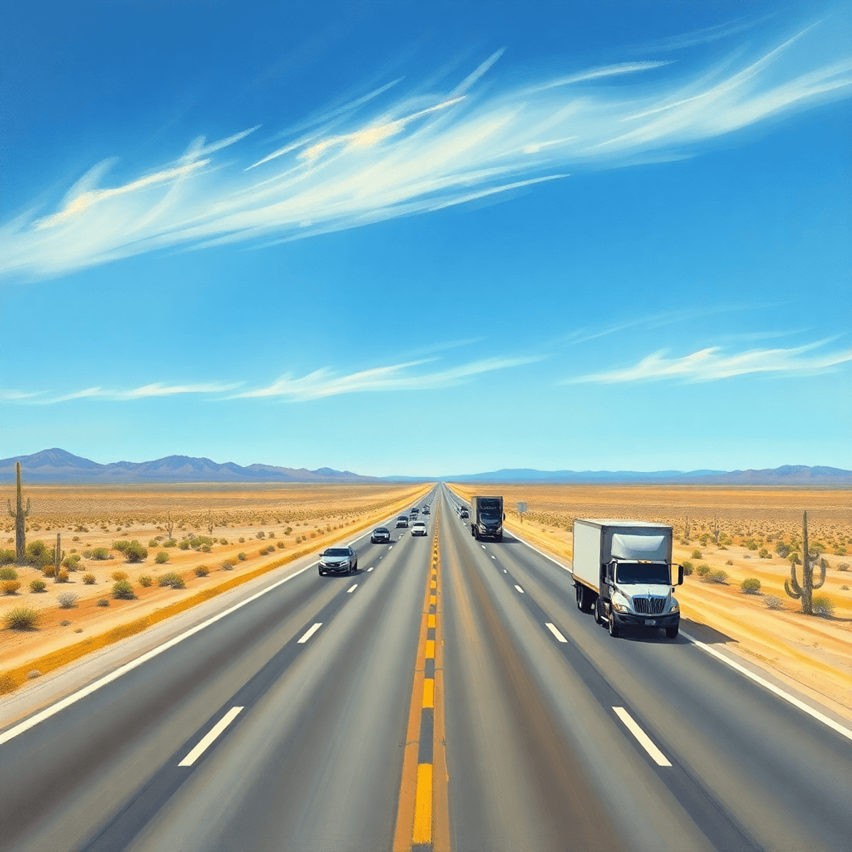 Oil painting of a wide Texas highway with cars and trucks, surrounded by desert cacti and hills under a bright blue sky. Oil painting of a wide Texas highway with cars and trucks, surrounded by desert cacti and hills under a bright blue sky.