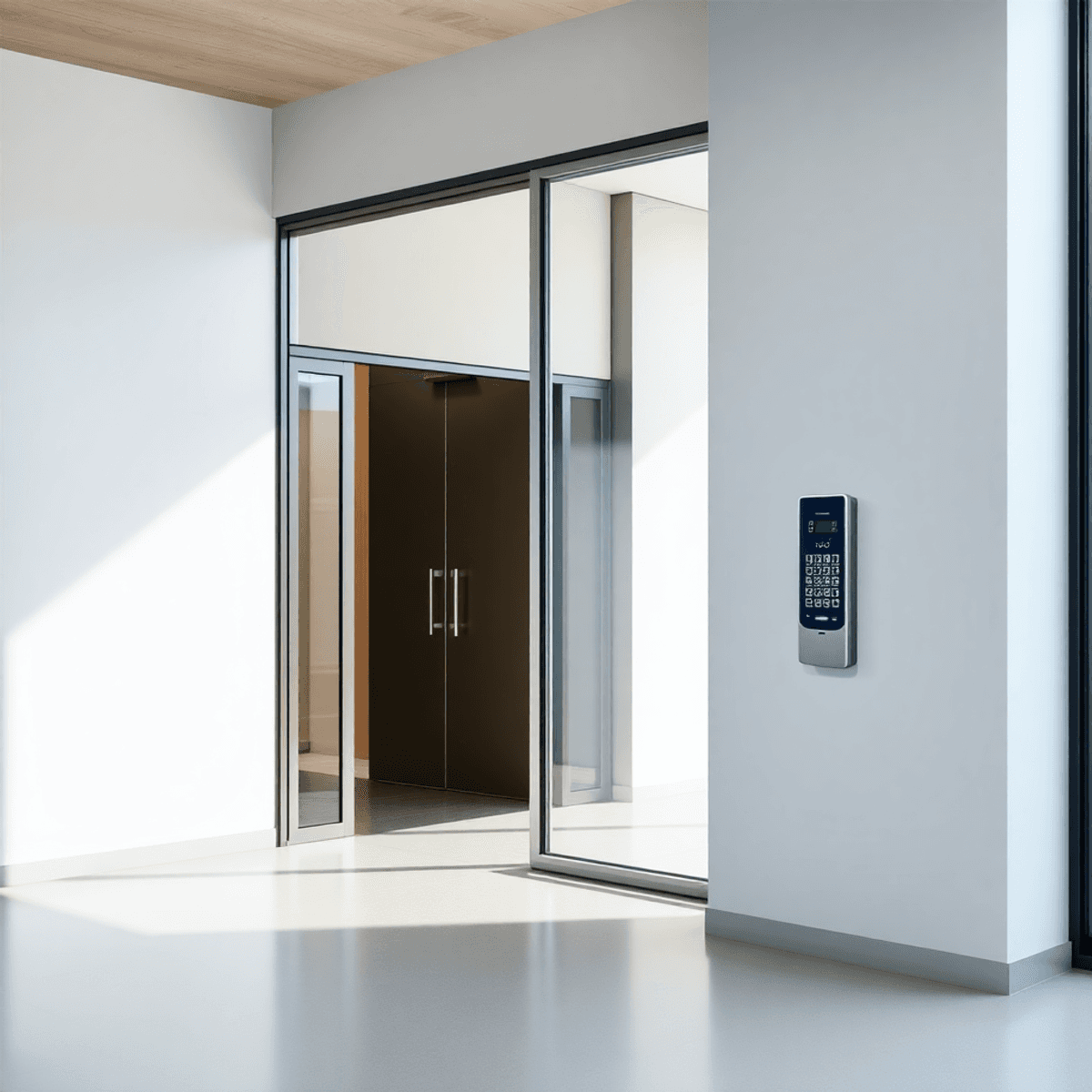 밝고 미니멀하며 전문적인 환경에서 자동 슬라이딩 도어와 조명이 있는 터치리스 출입 패널이 있는 현대적인 사무실 입구입니다.