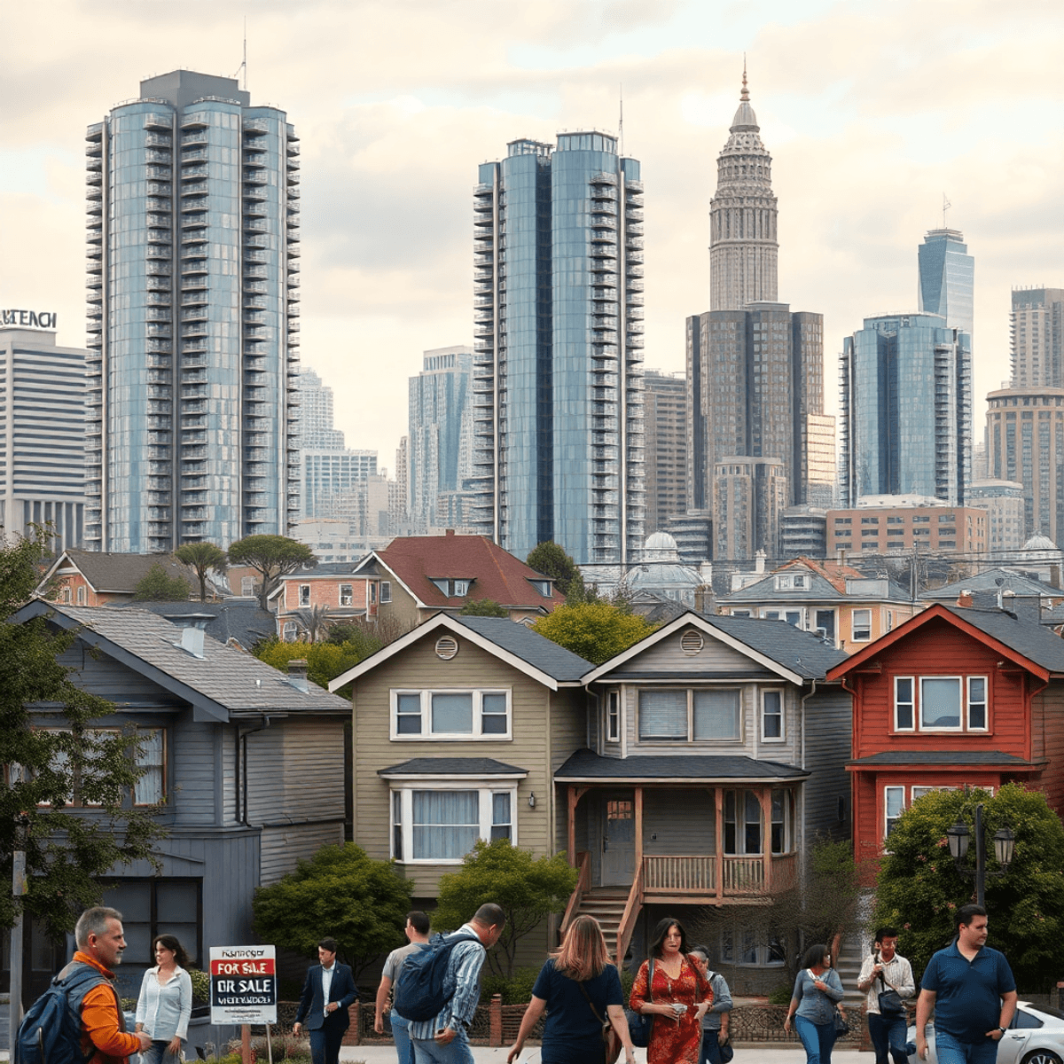 A bustling urban skyline with modern tech buildings in the foreground, luxury apartments contrasted with modest homes, and diverse people commuting amidst "For Sale" signs.