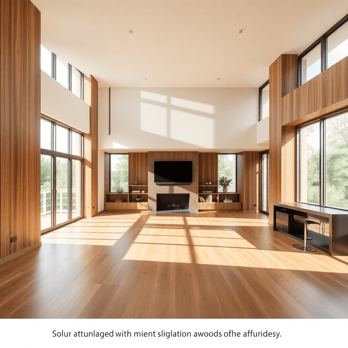 자연광이 들어오는 큰 창문이 있는 밝은 현대적인 콘도 내부, 나무 질감, 투명한 페인트, 부드러운 투명한 색상의 미니멀한 디자인.