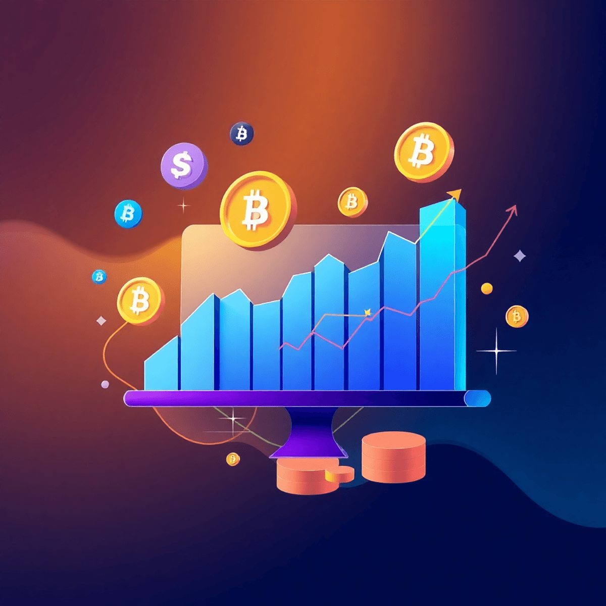 แนวคิดการจัดการสินทรัพย์ดิจิทัลสมัยใหม่ที่แสดงถึงสัญลักษณ์ของสกุลเงินดิจิทัลแบบนามธรรม กราฟ และแผนภูมิในพาเลตสีที่มีชีวิตชีวา เน้นความเป็นนวัตกรรมและการเติบโต