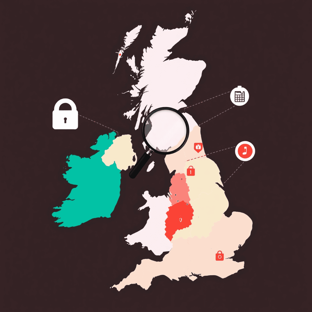 A detailed map of the UK showcasing urban and rural areas, with symbols indicating crime rates, including a magnifying glass, lock, and syringe, in a contrasting color scheme.