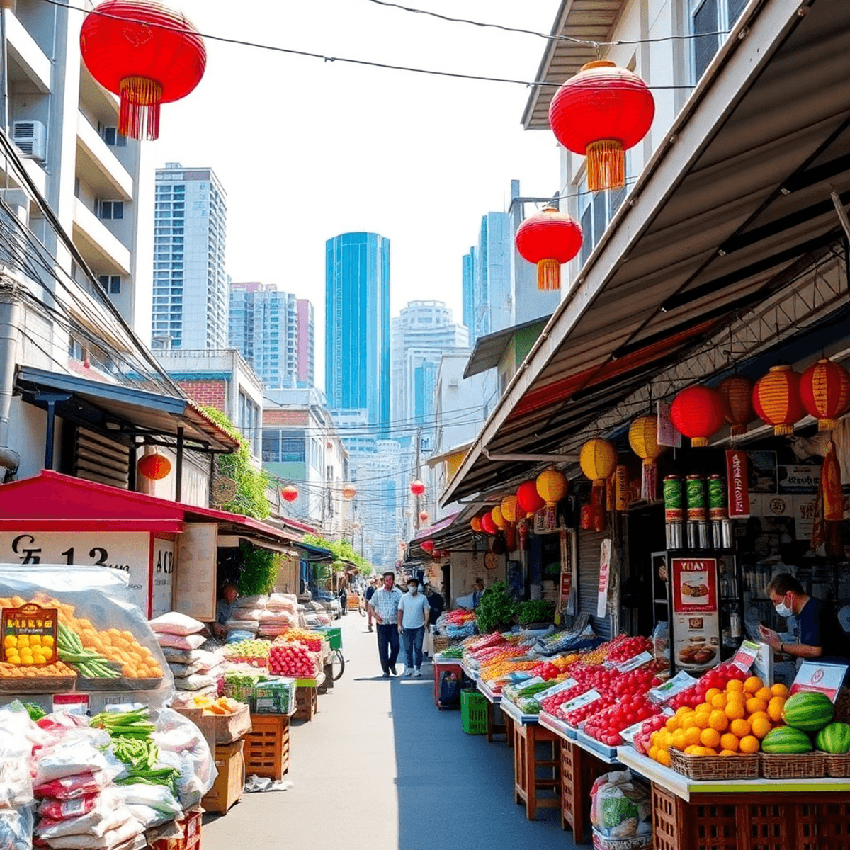 Vibrant Vietnamese street market with colorful stalls, fresh produce, traditional lanterns, and a mix of modern and historic buildings under a bright sky.