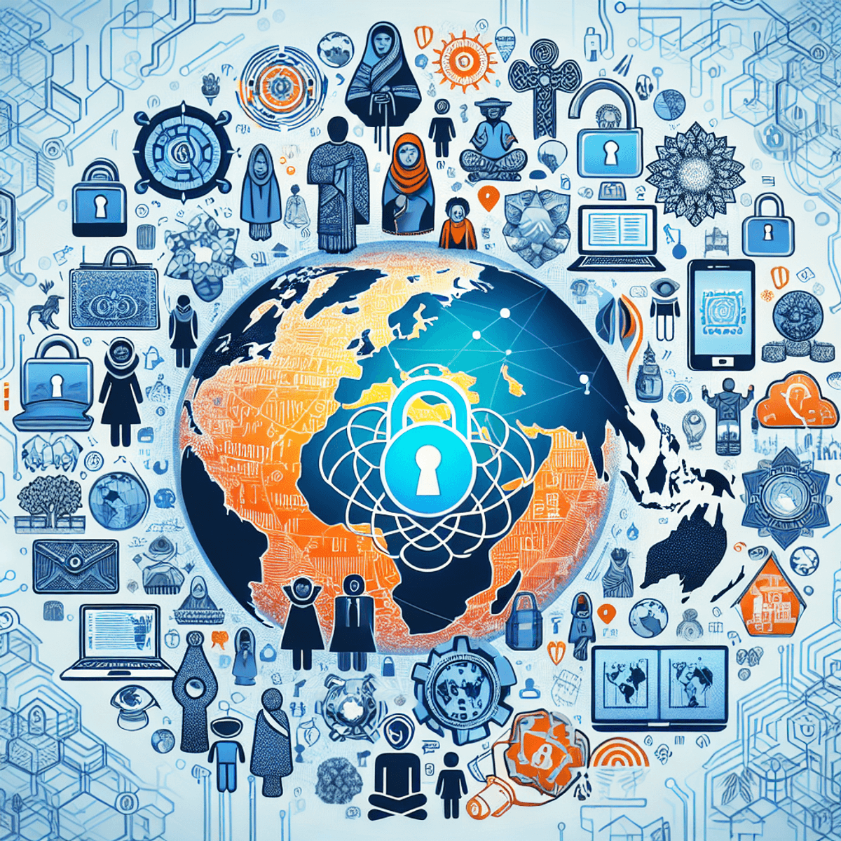 A digital art representation of a padlock with various cultural symbols, representing the role of culture in shaping trust and attitudes towards digital locks.