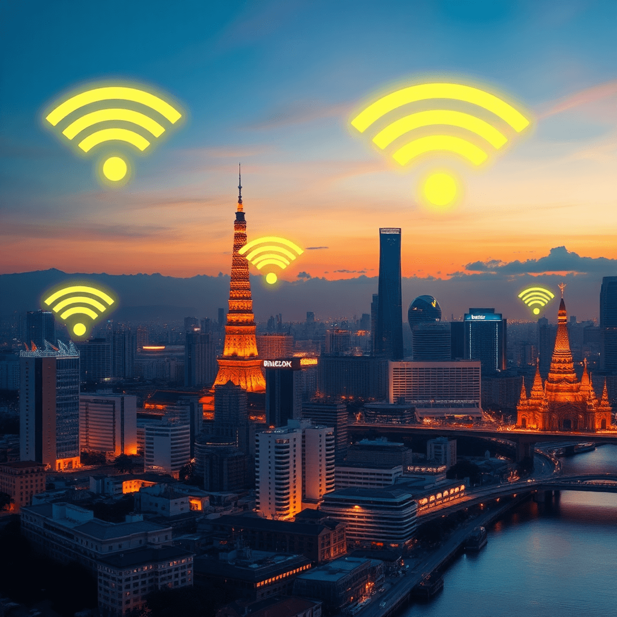 SaaS users in Bangkok often struggle with a common problem - connectivity issues on public Wi-Fi network Cityscape of Bangkok at dusk with glowing WiFi symbols above landmarks, illustrating public WiFi connectivity challenges for SaaS users.