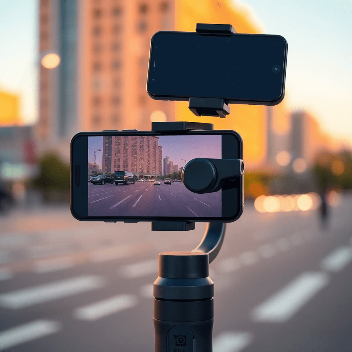 Cartoon-style image of a modern smartphone on a three-axis gimbal with soft urban background and light trails, highlighting smooth motion and video capture.