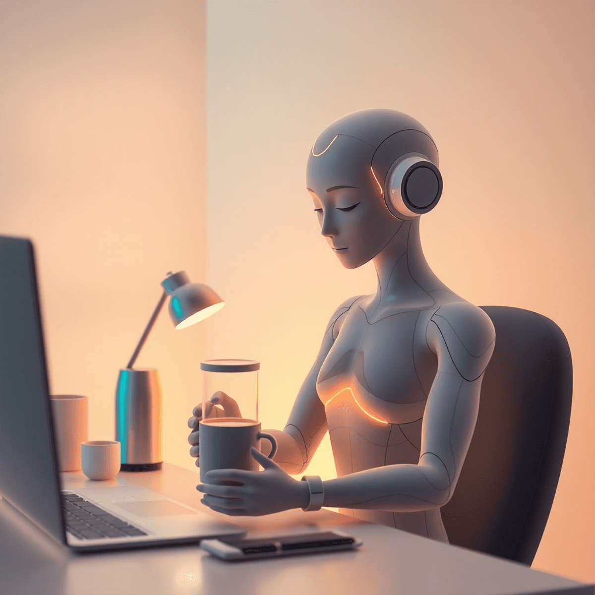 A sleek futuristic digital avatar calmly making coffee in a minimalist, softly lit space with smooth gradients and harmonious colors.