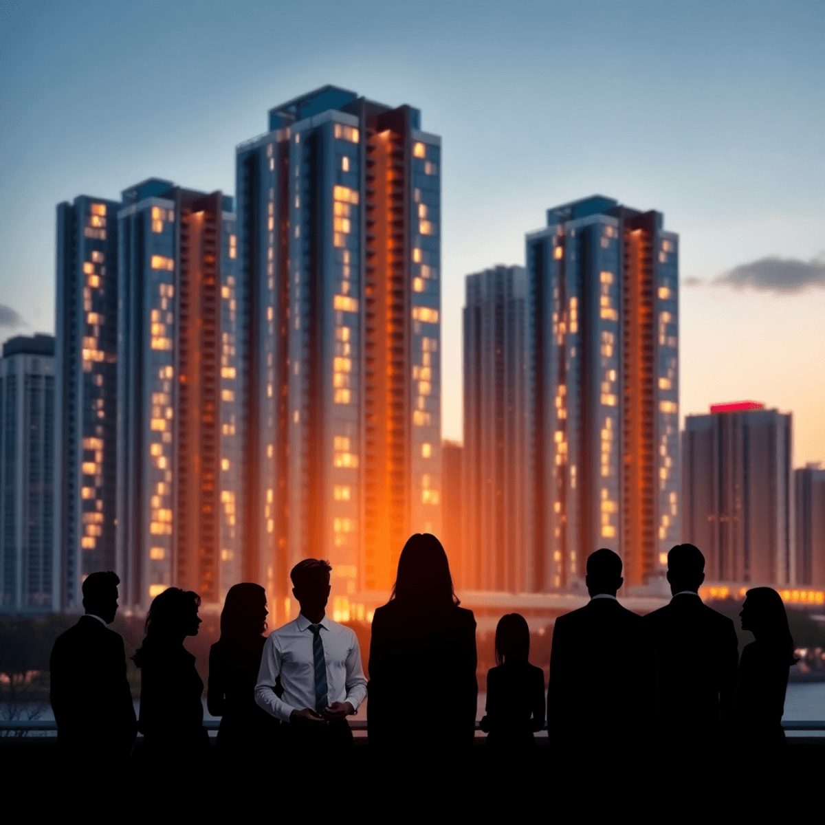 Modern Condominium complex Modern urban skyline at dusk with glowing condo windows; abstract professionals collaborating in foreground, warm lighting symbolizing opportunity and growth.