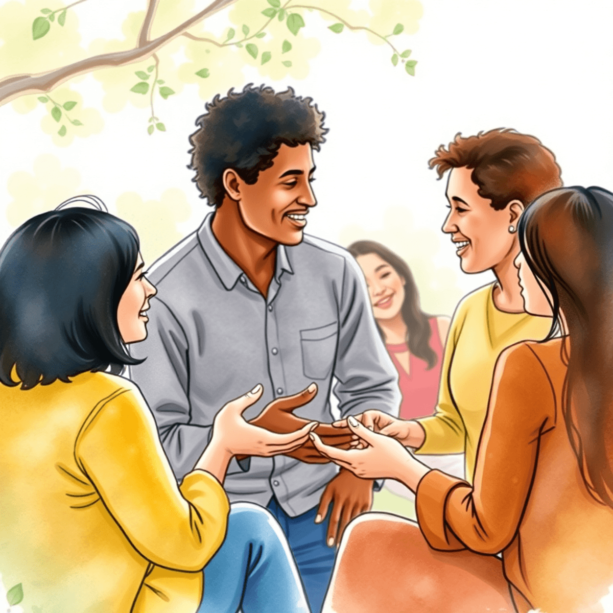 street vendors in Copacabana beach are the worst in the world Watercolor of a group outdoors in soft light, sharing gentle expressions and open hands, symbolizing empathy, connection, and trust-building.