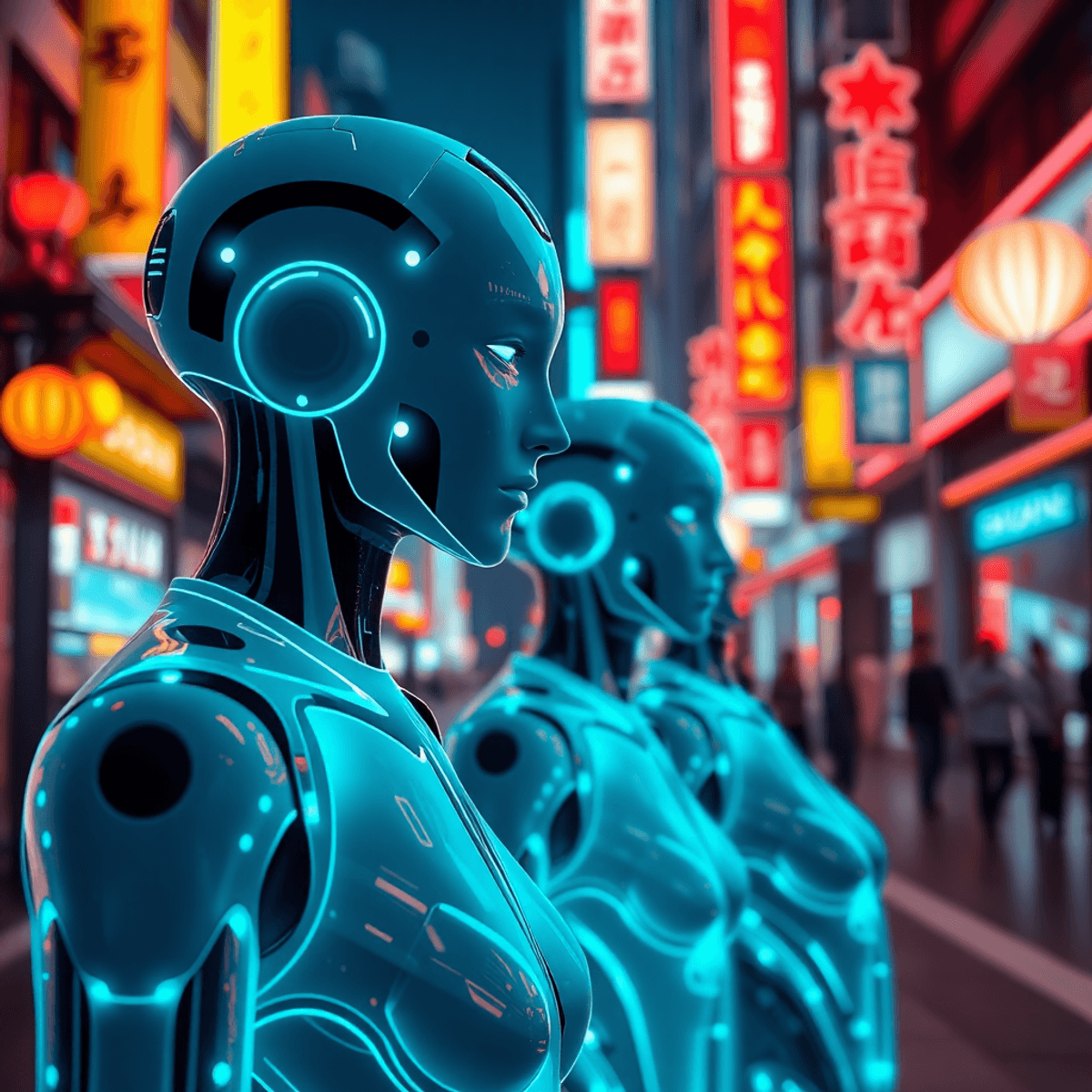 Future development of East Asia Glowing abstract humanoid figures in a vibrant neon-lit cityscape blending futuristic tech with cultural motifs at night.