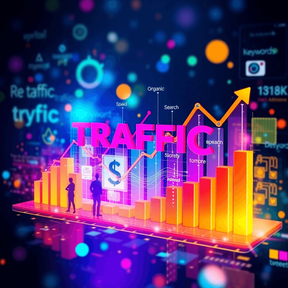A vibrant digital artwork showcasing colorful graphs and charts representing website traffic sources, surrounded by abstract symbols of keywords and user engagement.