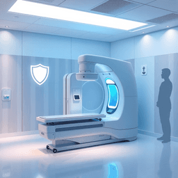Modern medical imaging room with portable digital radiography machine, soft lighting, safety symbols, and calm patient silhouettes in a clean clinical setting.