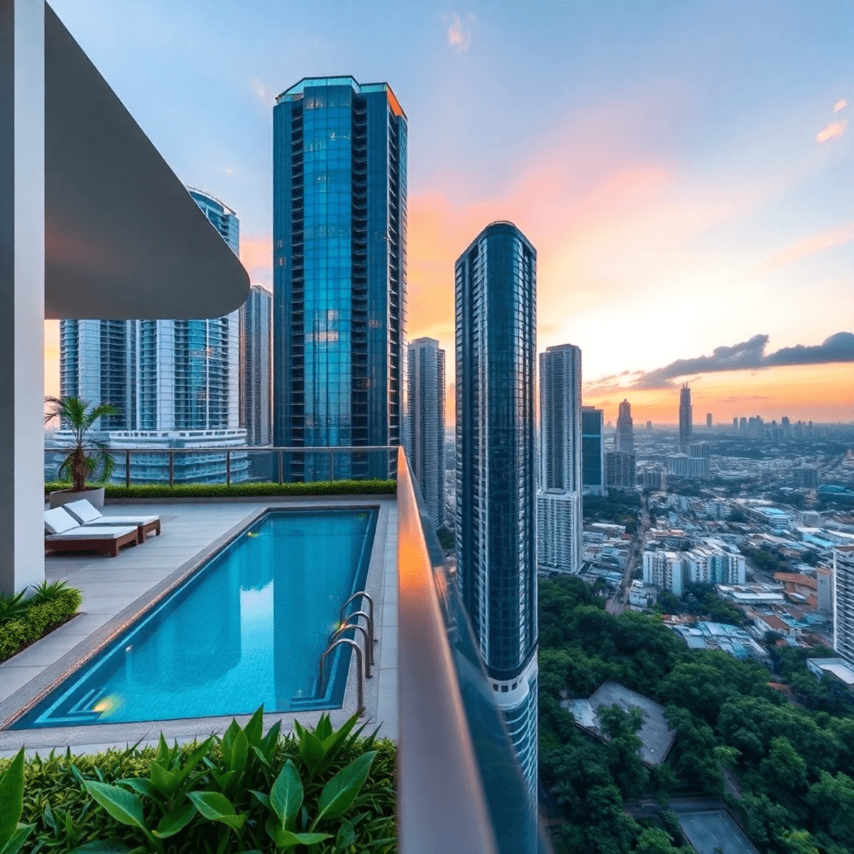 Balcony with a serene pool and greenery overlooking a vibrant city skyline at sunset, featuring sleek high-rise buildings under clear skies.