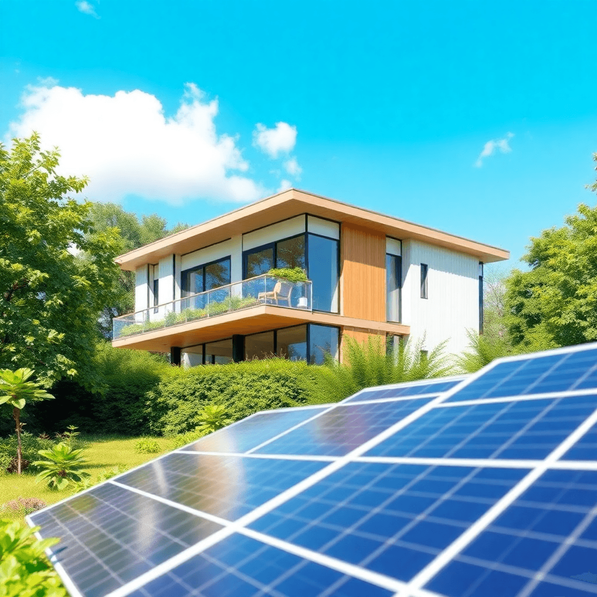 Modern sustainable building with solar panels, surrounded by lush greenery under a bright blue sky, showcasing eco-friendly architecture and energy-efficient design.