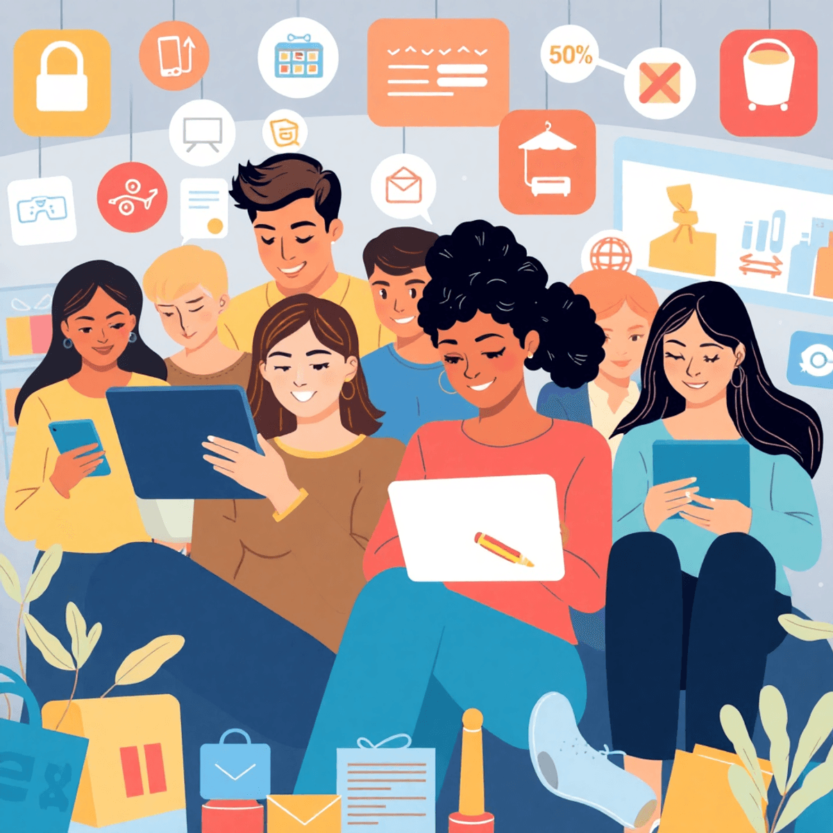 A vibrant illustration of a diverse group of people using laptops and smartphones in an online marketplace, surrounded by various product icons, showcasing community and convenience in e-commerce.