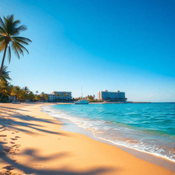 Sunrise over a serene tropical beach with golden sand, turquoise waves, modern beachfront resorts, lush palm trees, and a clear blue sky.
