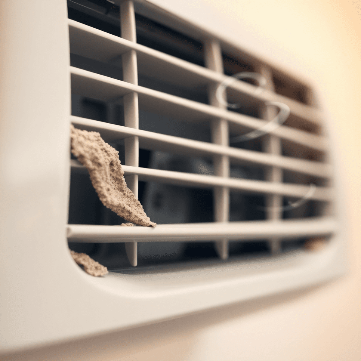 AC alert - time to clean filter Close-up of a modern air conditioner vent with subtle mold at edges, warm light, and abstract swirls representing odors in a bright indoor setting.