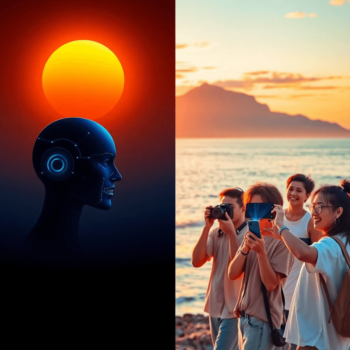 AI sun influencers Split-scene image with glowing sunrise and digital AI elements on one side, warm sunset with influencers capturing content outdoors on the other.