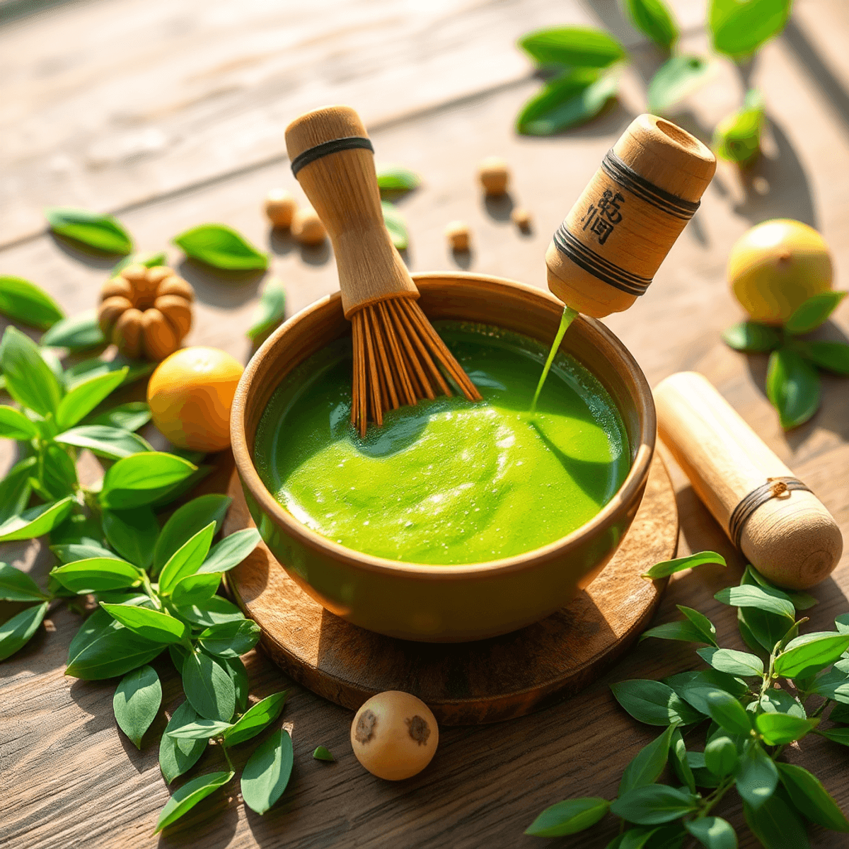 green gold A vibrant green matcha tea bowl with bamboo whisk, fresh tea leaves, herbs, and fruits on a wooden table in soft natural sunlight.