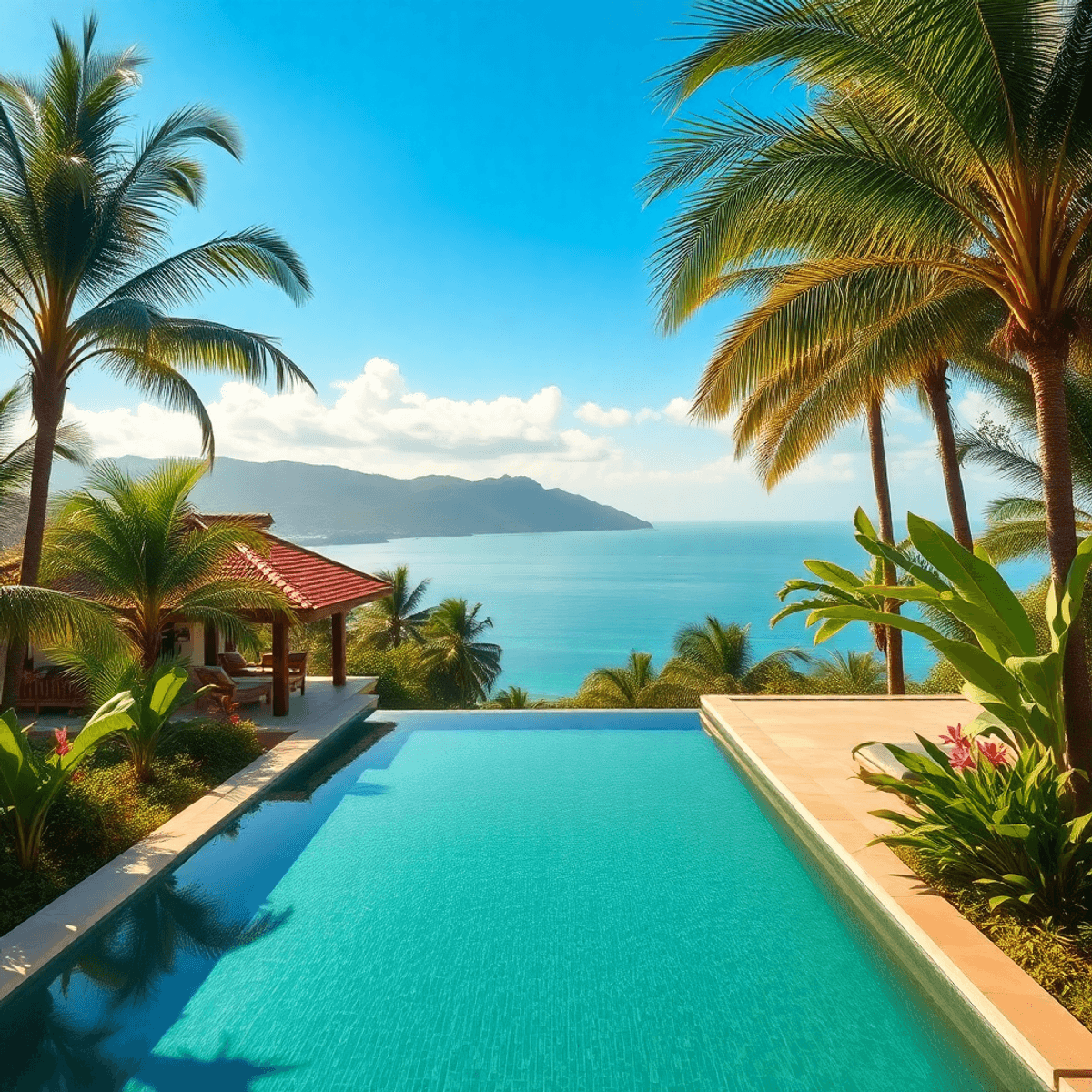 social media stars on luxury villa in Bali Indonesia Luxurious tropical villa with lush palm trees, vibrant flowers, serene infinity pool, rolling hills, and calm ocean under warm sunlight.