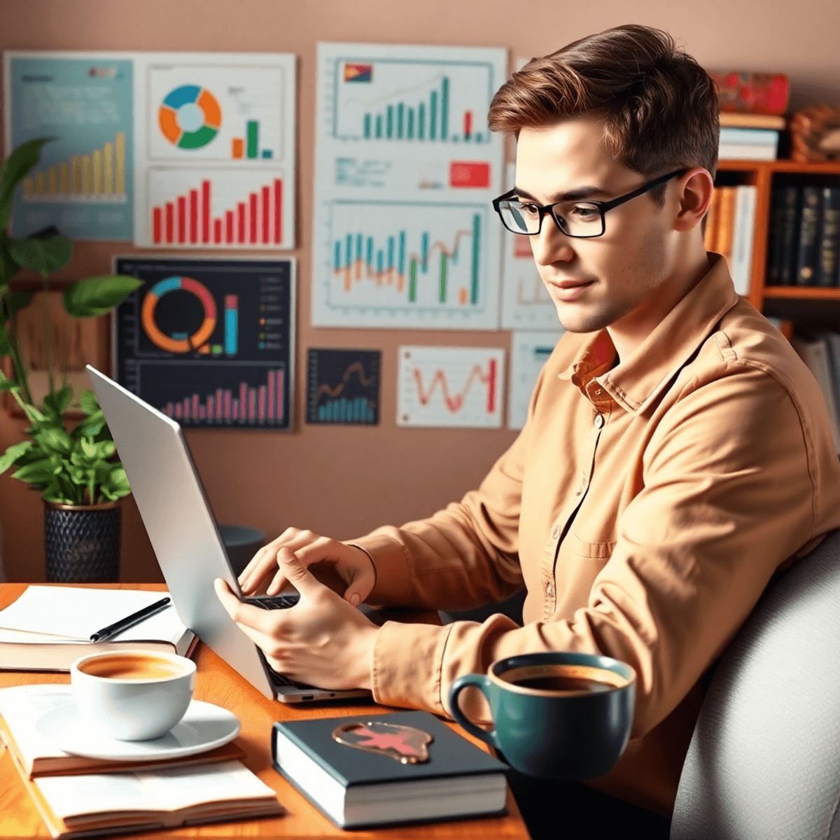 you funk SE000 A person analyzing data on a laptop, surrounded by charts and graphs, with books and coffee in the background, creating a cozy, productive atmosphere.