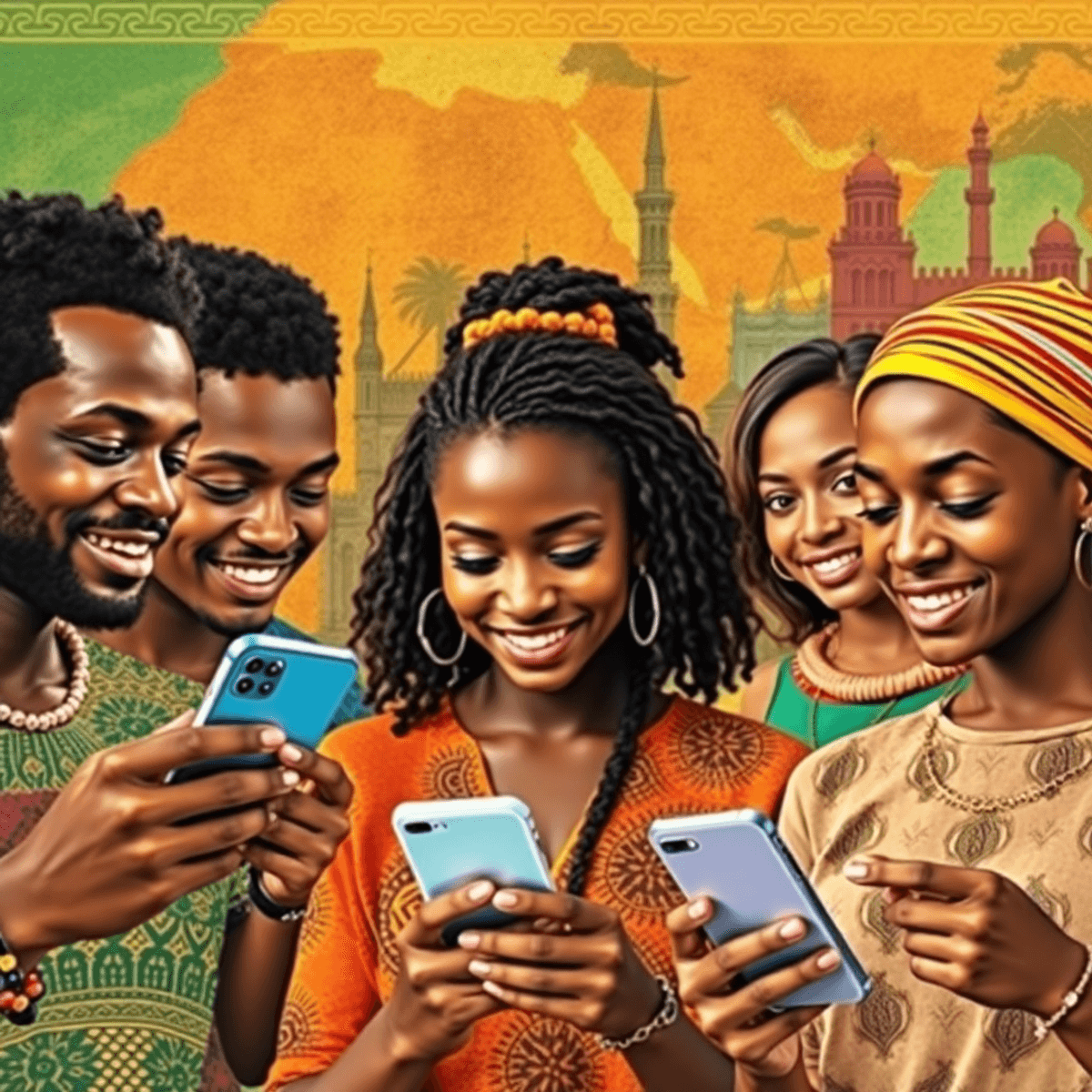 Collage of diverse influencers using smartphones against colorful African patterns and landmarks, highlighting influencer marketing and storytelling.
