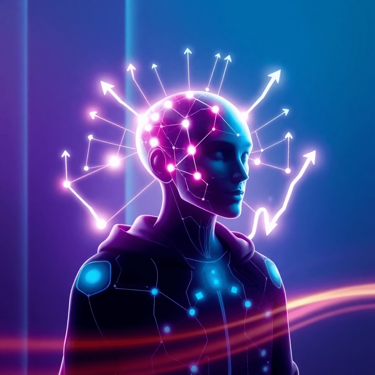 SEO expert with AI Influencer A glowing digital avatar made of abstract shapes, surrounded by interconnected nodes and upward arrows, set against a sleek blue and purple futuristic background.