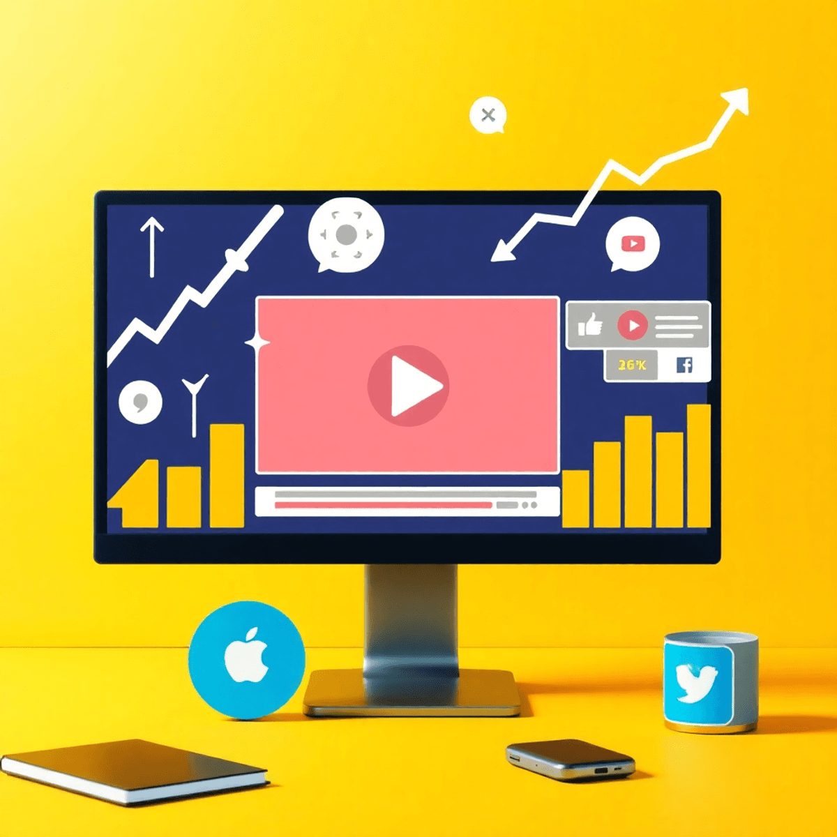 A computer screen shows a video with graphs and metrics, featuring upward arrows, play buttons, and social media icons against a bright, minimalist background.