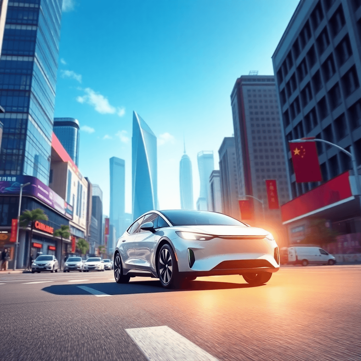 A sleek modern electric vehicle drives through a bustling city street, surrounded by futuristic skyscrapers and a clear blue sky, symbolizing innovation and excitement.