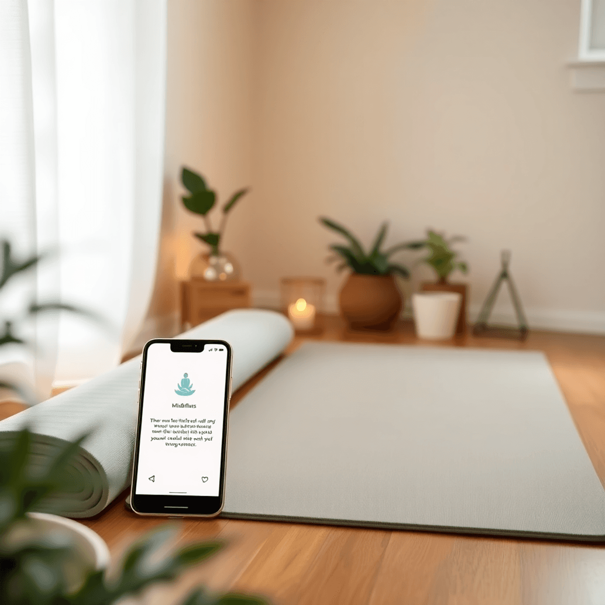 A cozy meditation corner with a yoga mat, smartphone showing a mindfulness app, and soft lighting, surrounded by plants and calming decor for a tranquil atmosphere.