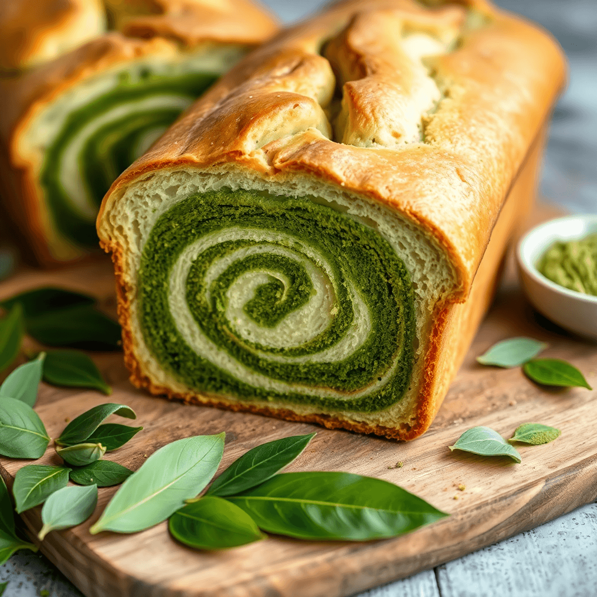 Close-up of a matcha marble loaf with green and white swirls on a wooden board, surrounded by tea leaves and a bowl of matcha powder.